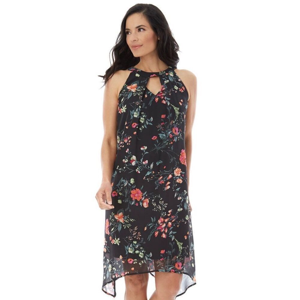 AB Studio Print Handkerchief Shift Dress Black Floral-LARGE
